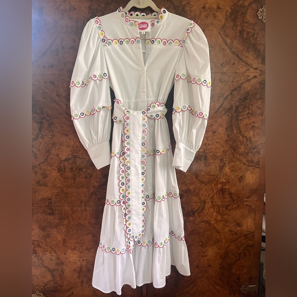 NWOT CeliaB White Long Sleeve Dress with Colorful Accents